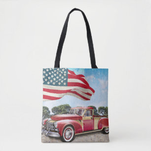 Bolsa Tote Caminhão de coleta vermelho: Vintage na bandeira a