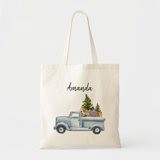 Bolsa Tote Caminhão de Natal com Pinheiros e Animais Floresta (Frente)