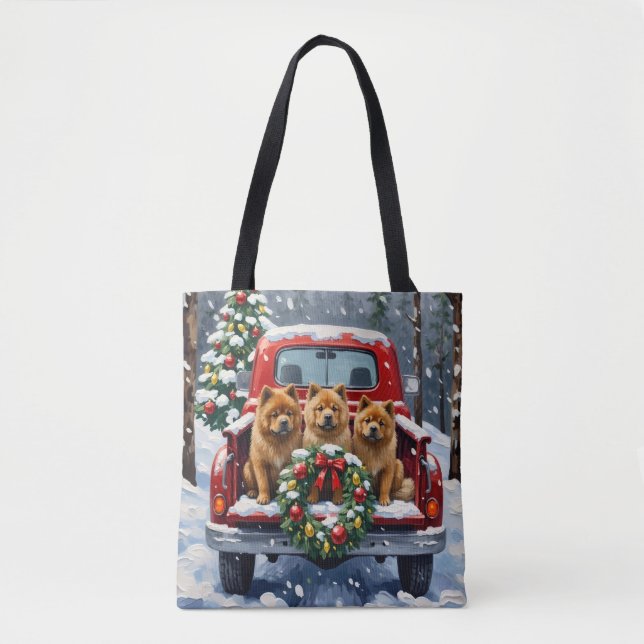 Bolsa Tote Caminhão Vermelho de Natal Chow Chow Feriado (Frente)