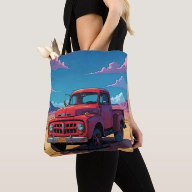 Bolsa Tote Caminhonete Americana Clássica (Retro Red Pickup Truck Desert Travel Tote Bag, laminated lining for extra support.  Made in the USA.)