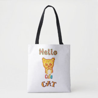 Bolsa Tote Camiseta Gráfica com Rosto de Gato Kawaii Fofo
