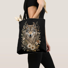 Bolsa Tote Camiseta Majestosa Floral Lobo Natureza