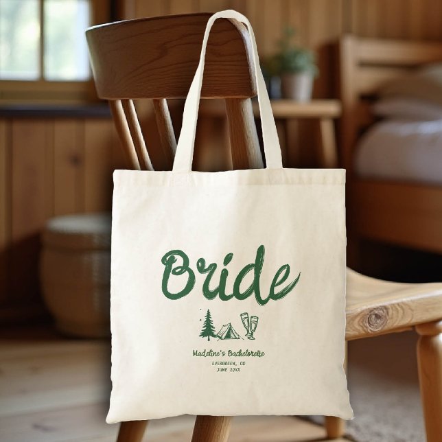 Bolsa Tote Camp Bachelorette Noiva Escrevendo Verde (camp bachelorette bride tote bag handwriting hand written camping glamping hiking bach)
