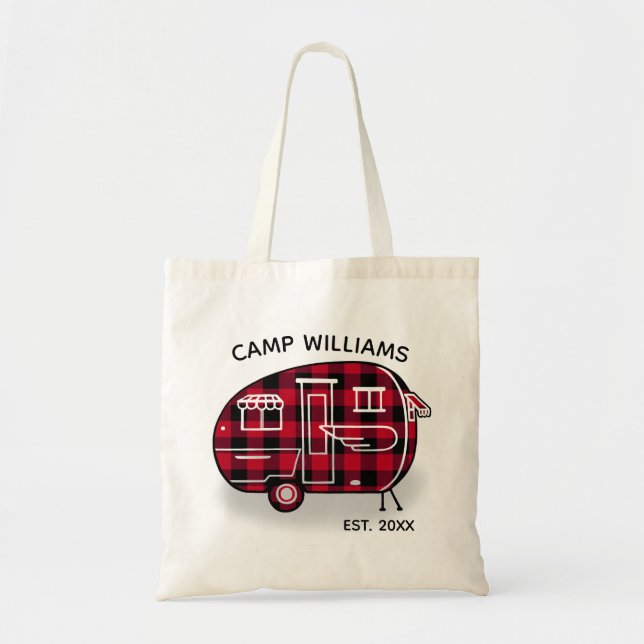 Bolsa Tote Camper Rustic Red Buffalo Xadrez Monograma Nome (Frente)