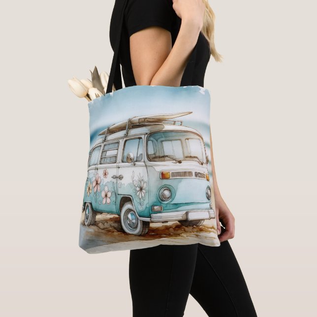 Bolsa Tote Campervan Retro Aquarela Com Surfboard (Close Up)