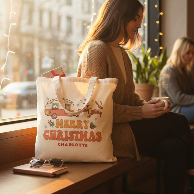 Bolsa Tote Camping Merry Christmas Reindeer Nome Personalizad (Criador carregado)