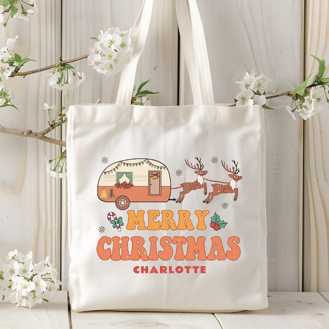 Bolsa Tote Camping Merry Christmas Reindeer Nome Personalizad (Criador carregado)