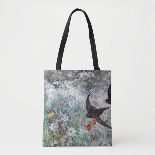 Bolsa Tote Campo de andorinha e flores, Bruno Liljefors (Frente)