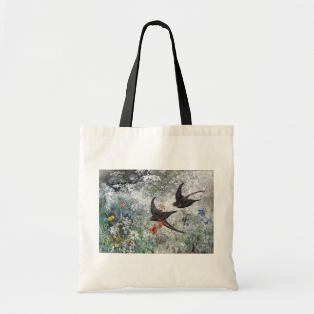 Bolsa Tote Campo de andorinha e flores, Bruno Liljefors (Frente)