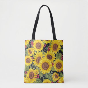 Bolsa Tote Campo de girassóis: fundo preto de aquarela
