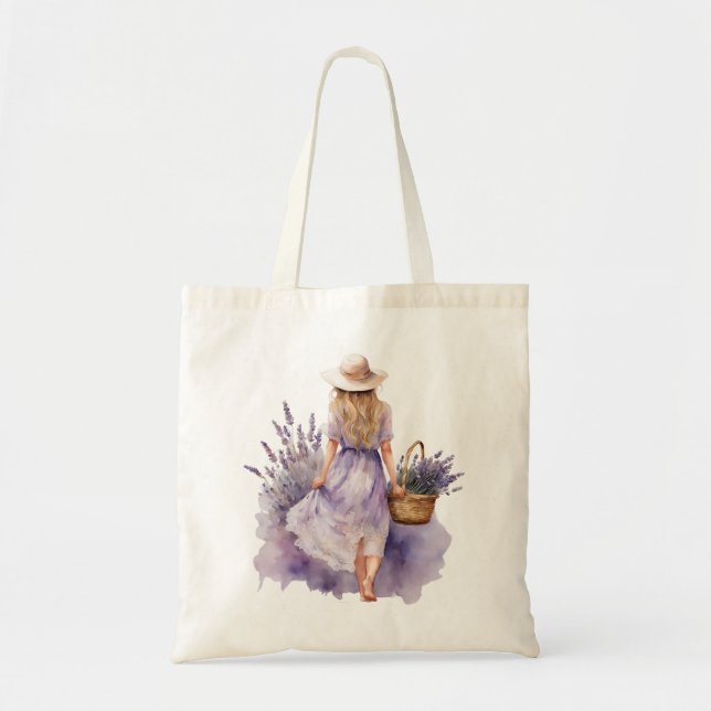 Bolsa Tote Campo de Lavanda de Garota de Aquarela (Frente)