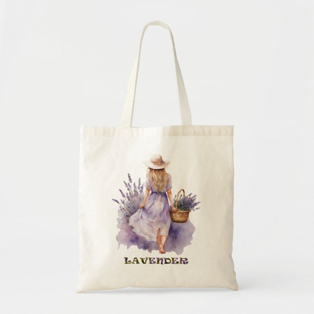 Bolsa Tote Campo de Lavanda de Garota de Aquarela (Frente)