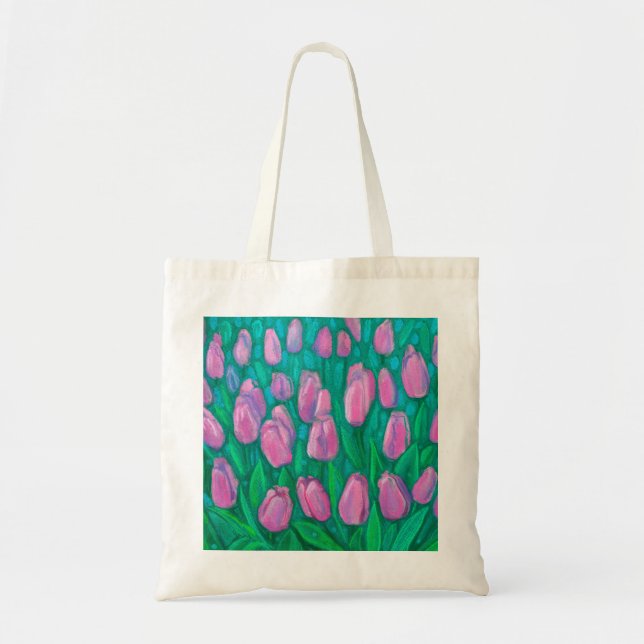 Bolsa Tote Campo de Tulipas Rosa, Flores de Mola Pintura Flor (Frente)
