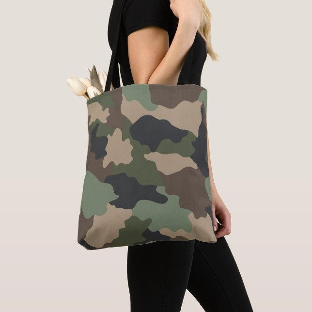 Bolsa Tote Camuflagem Madeira Camo Khaki Tan Preto (Close Up)