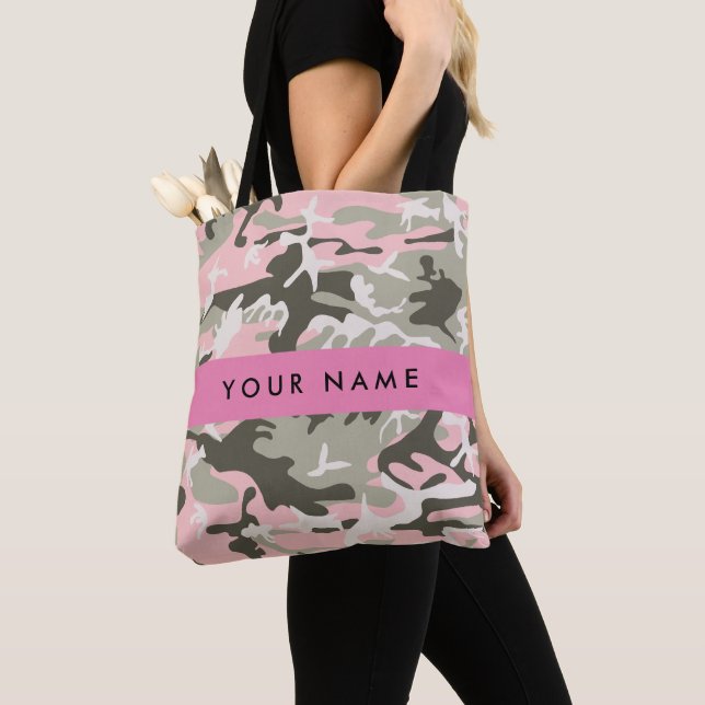 Bolsa Tote Camuflagem rosa e verde Seu nome personaliza (Close Up)