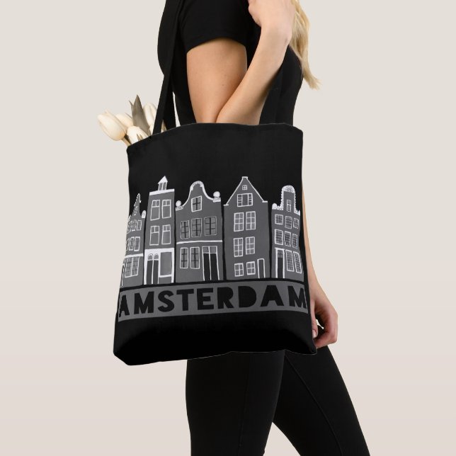 Bolsa Tote Canal de Amsterdã Casas na Vila Holandesa Black Wh (Close Up)