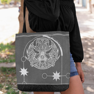 Bolsa Tote Cancer Símbolo Zodiaco Cinza Branca Silver Mandala