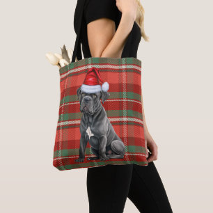 Bolsa Tote Cane Corso Natal Cachorro Vermelho Xadrez Sazonal