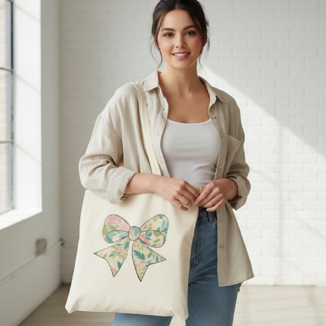Bolsa Tote Canvas Bag with Floral Bow - Boho Chic Style. (Criador carregado)
