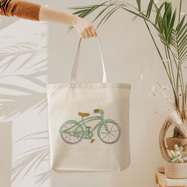 Bolsa Tote Canvas de bicicleta (Green bicycle canvas market tote bag.)
