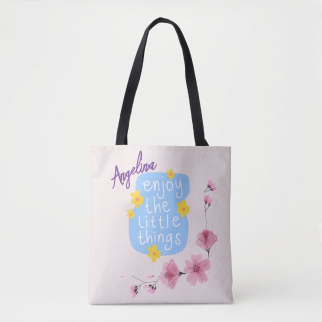 Bolsa Tote Canvas Floral Simples de Citação Inspiradora (Frente)