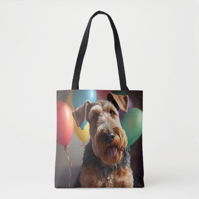 Bolsa Tote Cão Airedale com bolo e balões (Frente)