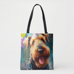 Bolsa Tote Cão Airedale com chapéu de aniversário e balões
