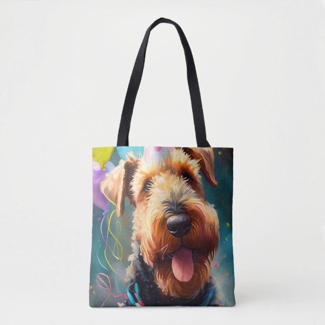 Bolsa Tote Cão Airedale com chapéu de aniversário e balões (Frente)