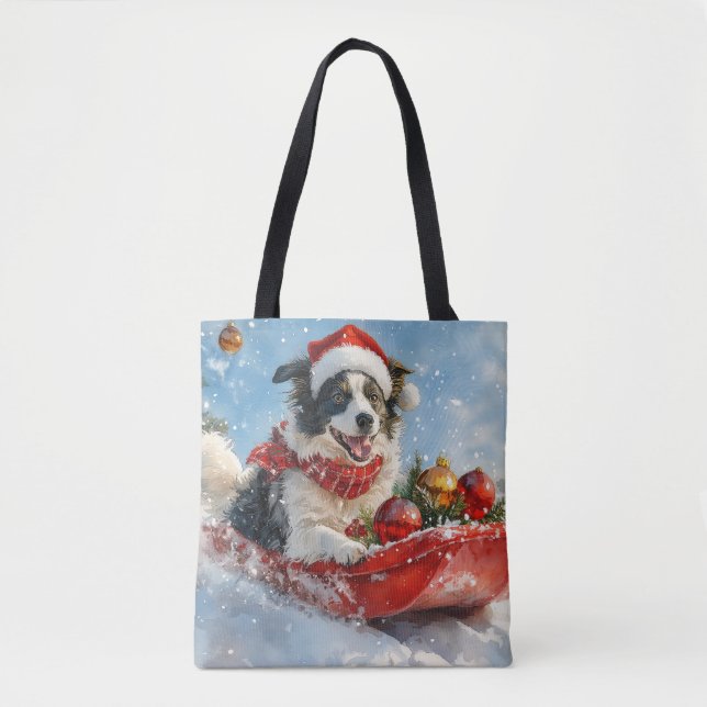Bolsa Tote Cão Border Collie em Trenó Deixe Nevar Natal  (Frente)