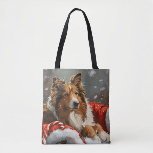 Bolsa Tote Cão Collie Áspero Festa de Natal