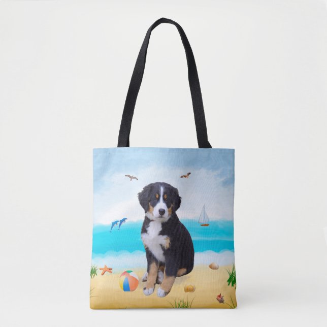 Bolsa Tote Cão da Montanha Bernese na Praia (Frente)