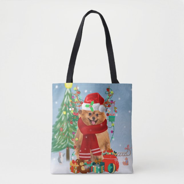Bolsa Tote Cão da Pomerânia com presentes de Natal (Frente)