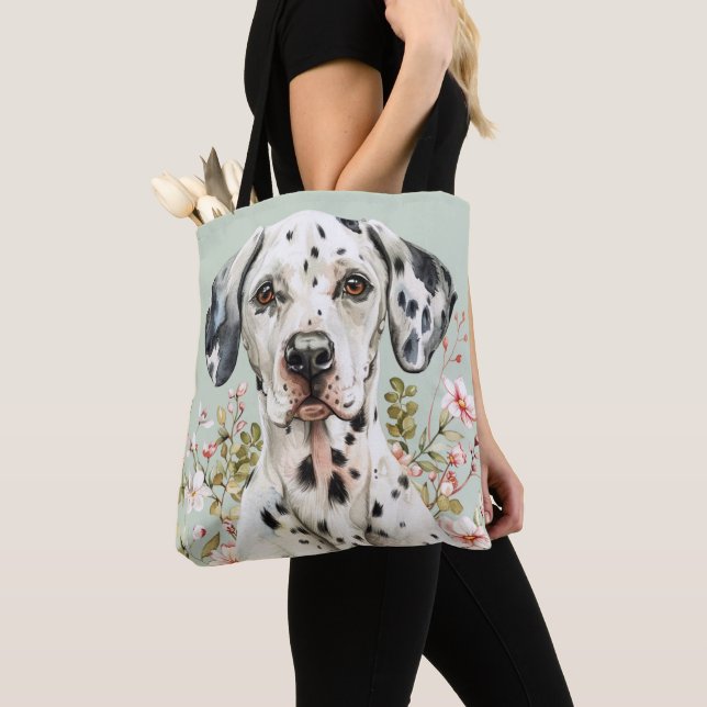 BOLSA TOTE CÃO DALMATIANO PRETO E BRANCO COM FLORES DE SELAS (Close Up)