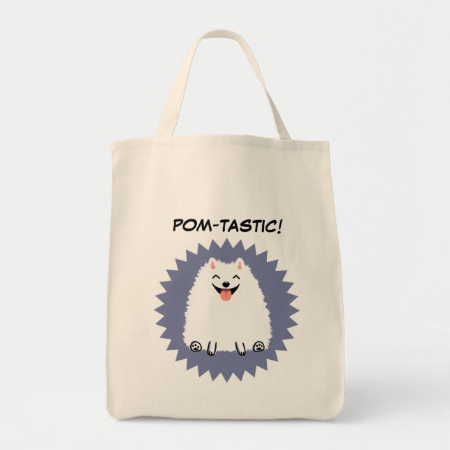 Bolsa Tote Cão de Cartografia Branco Funny Pomeranian (Frente)