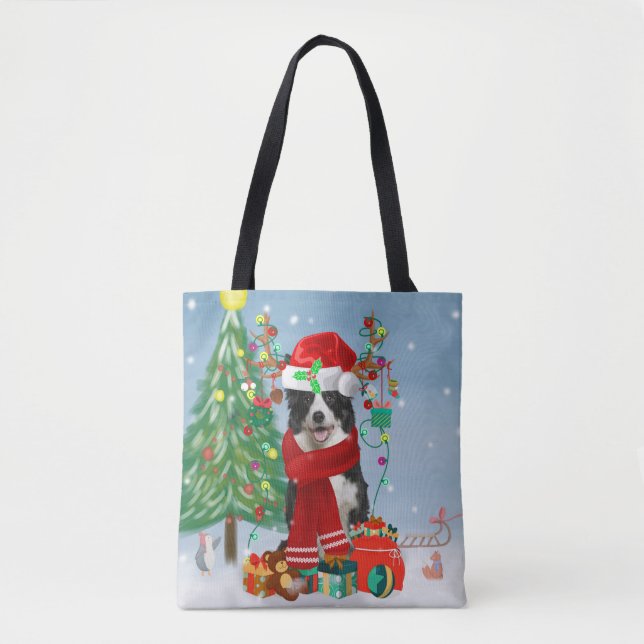 Bolsa Tote Cão de Collie na neve com presentes de Natal (Frente)