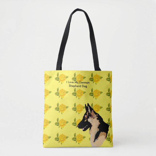 Bolsa Tote Cão de german shepherd e rosas amarelos (Frente)