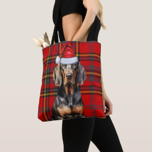 Bolsa Tote Cão de Natal Black Tan Coonhound Xadrez Sazonal