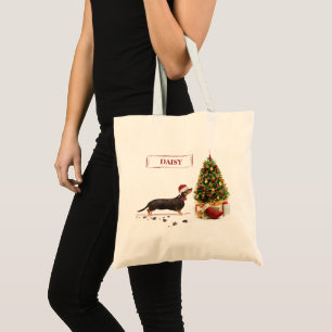 Bolsa Tote Cão de Natal Negro e Tan Dachshund Engraçado