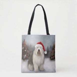 Bolsa Tote Cão de Pastoreio Inglês Antigo no Natal com Neve