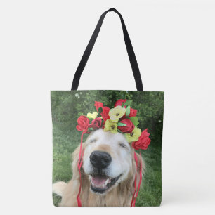 Bolsa Tote Cão do golden retriever com coroa da flor