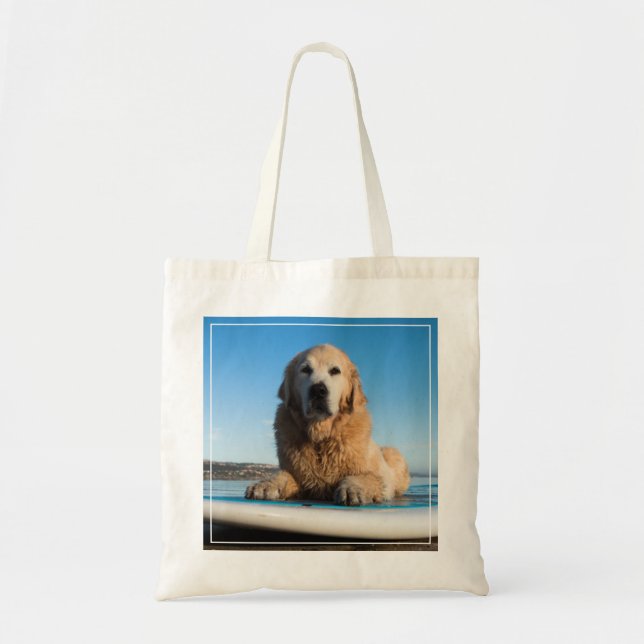 Bolsa Tote Cão do golden retriever que coloca em um conselho (Frente)