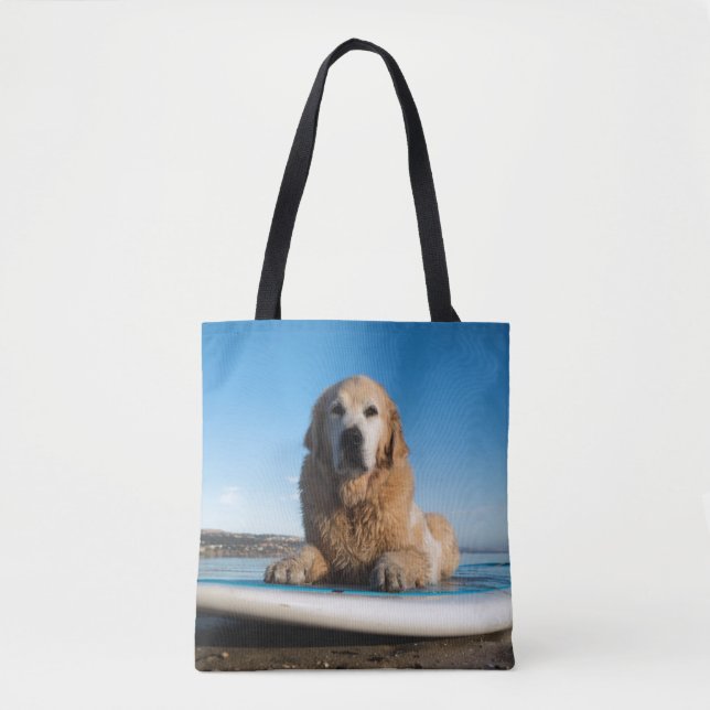 Bolsa Tote Cão do golden retriever que coloca em um conselho (Frente)