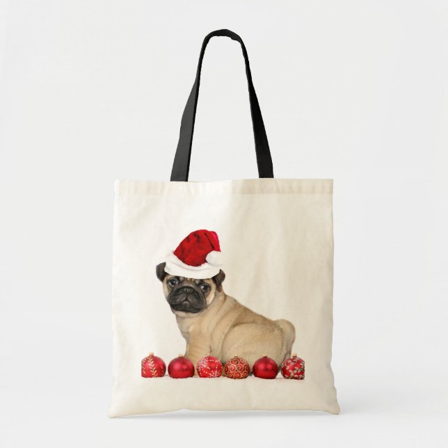 Bolsa Tote Cão do pug do Natal (Frente)