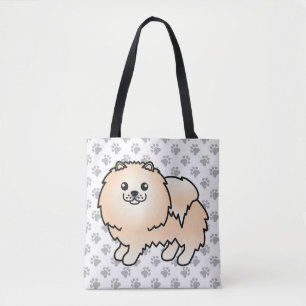 Bolsa Tote Cão e patas de cartoon canino creme Pomeraniano