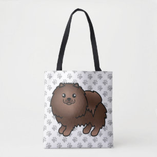 Bolsa Tote Cão e patas de cartoon marrom-pomeraniana