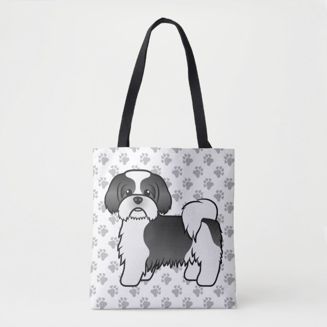 Bolsa Tote Cão e patas de desenho em preto e branco Shih Tzu (Frente)