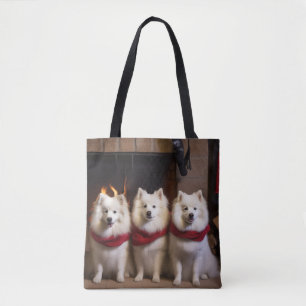 Bolsa Tote Cão Esquimó Americano junto à Lareira Natal