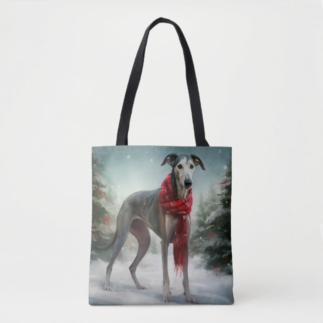 Bolsa Tote Cão Greyhound na neve de Natal  (Frente)