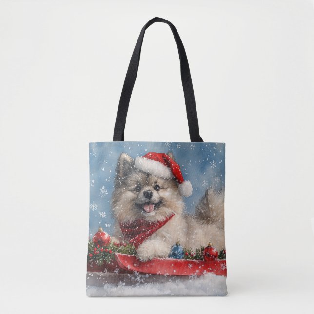 Bolsa Tote Cão Keeshond em Trenó Deixe Nevar Natal (Frente)