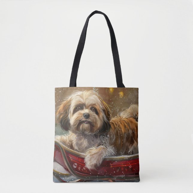 Bolsa Tote Cão Lhasa Apso Natal Festivo (Frente)